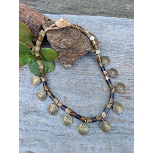 Vintage Brass Tribal Necklace: Beaded Ethnic Necklace - Picture 1 of 11